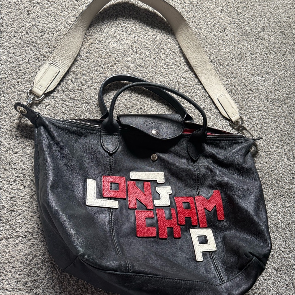 Longchamp Black Tote with Red and White Accents